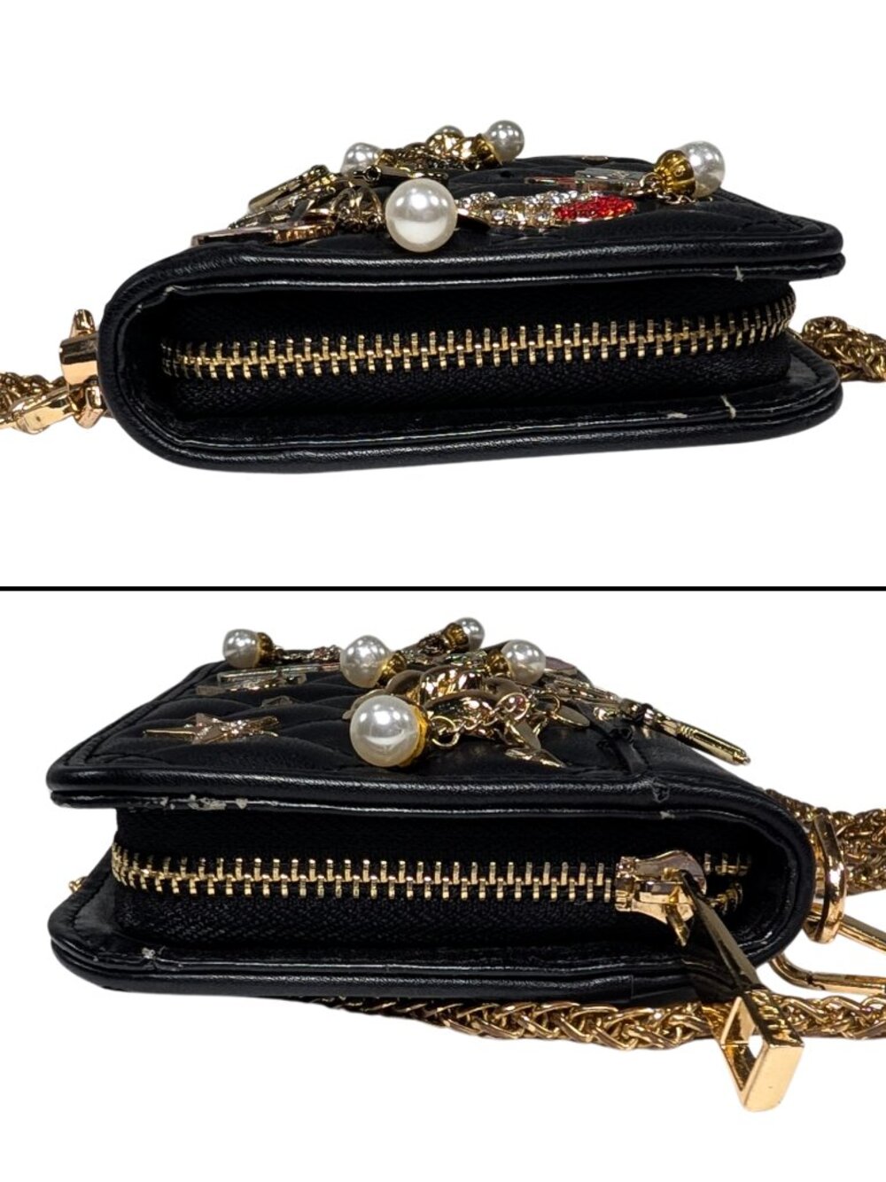 Aldo Black Quilted Faux Leather Zippy Charm Large Wallet on Chain Crossbody - Picture 5 of 9